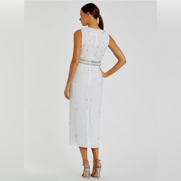 CLEARANCE W/Flaw NWT M.DUGGAL SZ 16 White vertical-sequin sleeveless midi #10509 - Picture 7 of 9